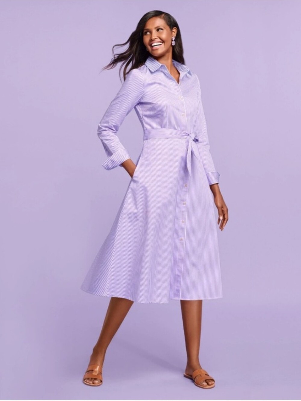 Talbots Lilac Stripe Shirt Dress with Tie Waist - Picture 2 of 6